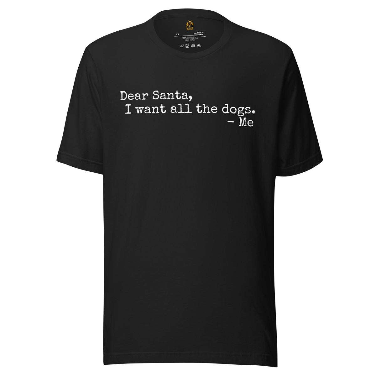 Black unisex t-shirt with text 'Dear Santa, I want all the dogs. -me' – Boozie Adams