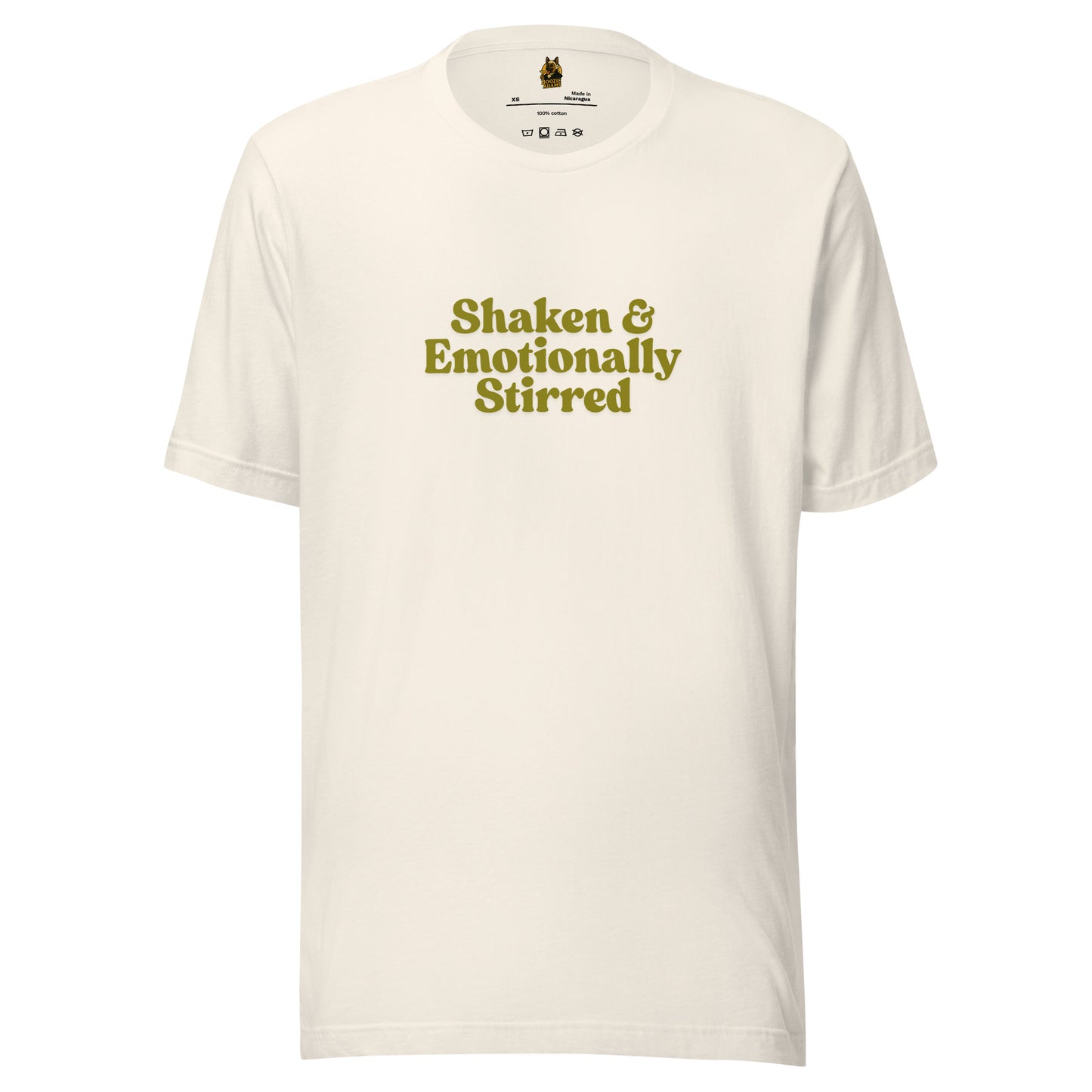Off white unisex t-shirt with 'Shaken & Emotionally Stirred' text in olive – Boozie Adams