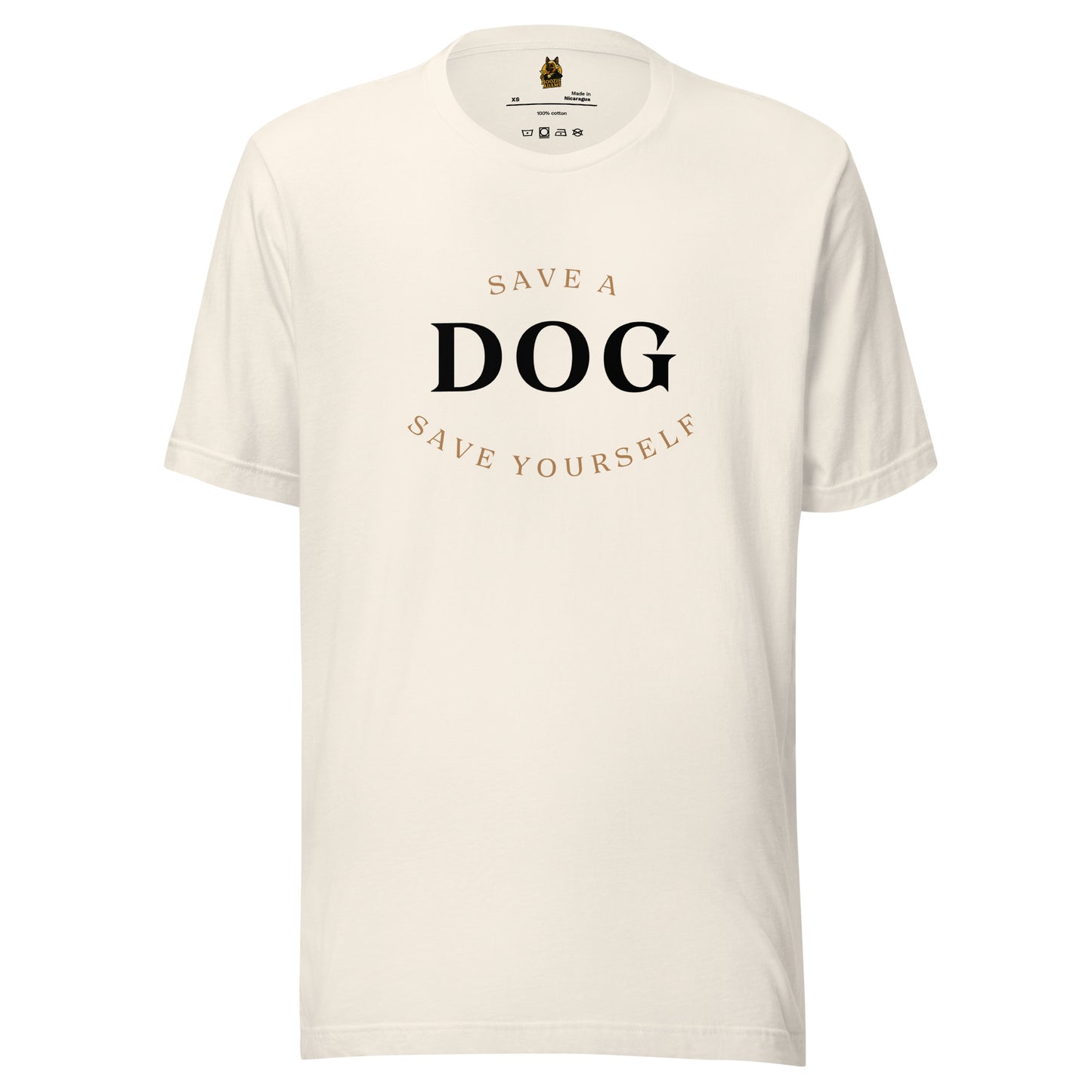 Off white unisex t-shirt with 'Save a Dog, Save Yourself' text – Boozie Adams