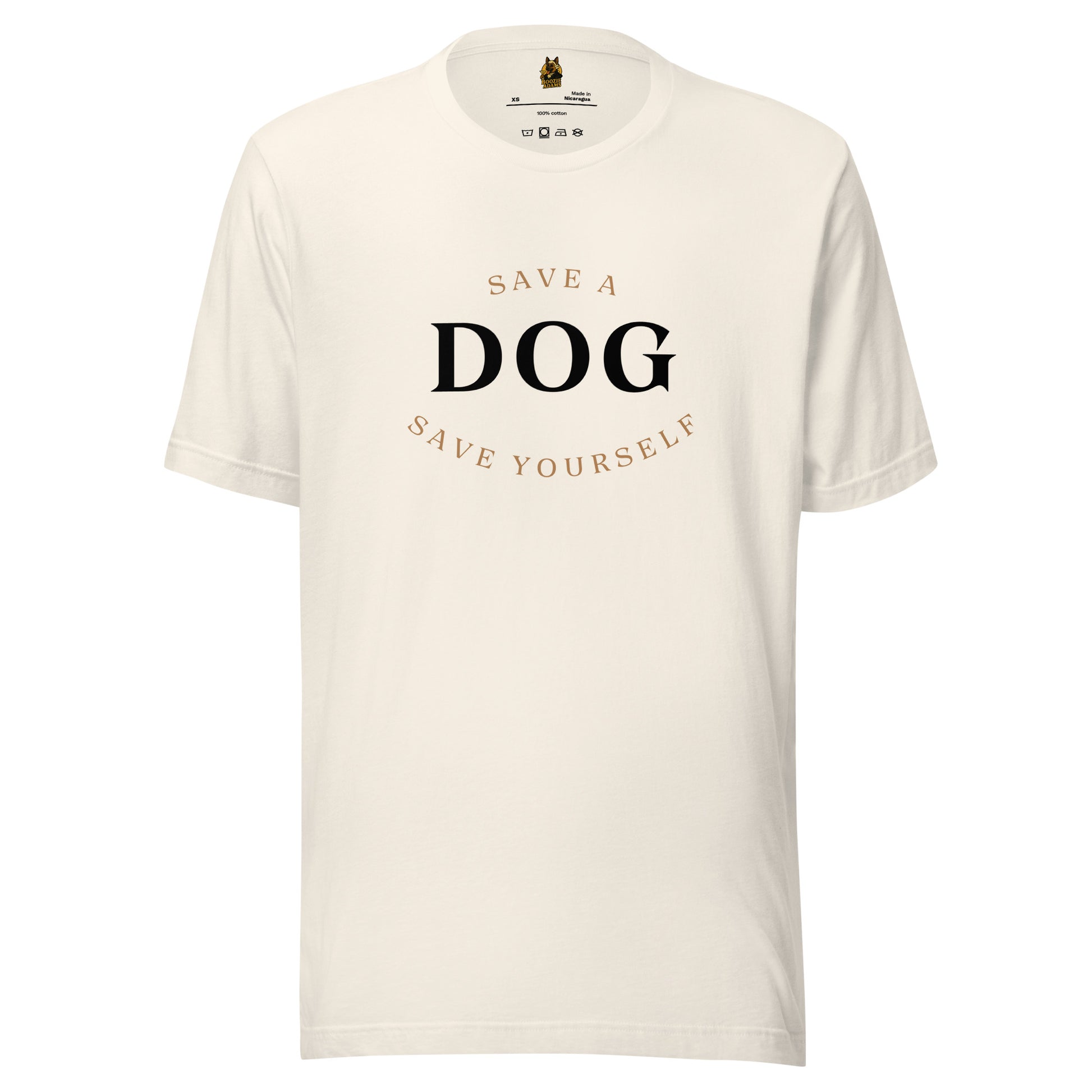 Off white unisex t-shirt with 'Save a Dog, Save Yourself' text – Boozie Adams