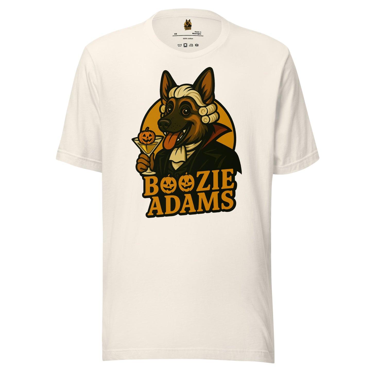 Vintage white unisex t-shirt with a graphic of Boozie Adams – a dog holding a martini with a pumpkin and the text 'Boozie Adams' – Boozie Adams
