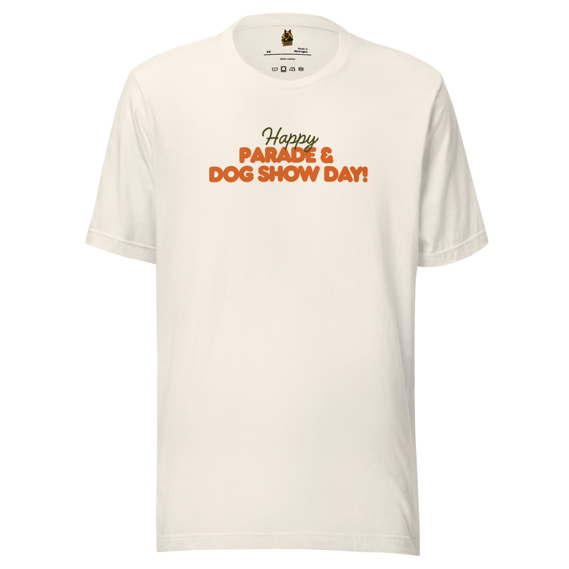 Vintage white unisex t-shirt with 'Happy Parade & Dog Show Day!' green & orange text – Boozie Adams