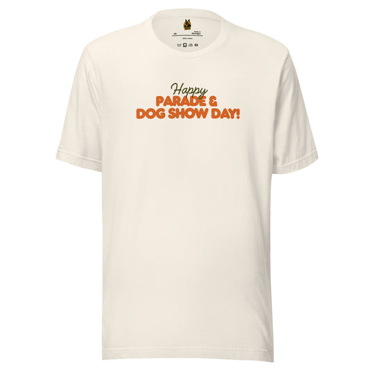 Vintage white unisex t-shirt with 'Happy Parade & Dog Show Day!' green & orange text – Boozie Adams