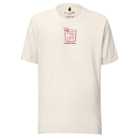 Vintage white unisex t-shirt with a red cocktail glass graphic and 'cranberry sauce' text – Boozie Adams