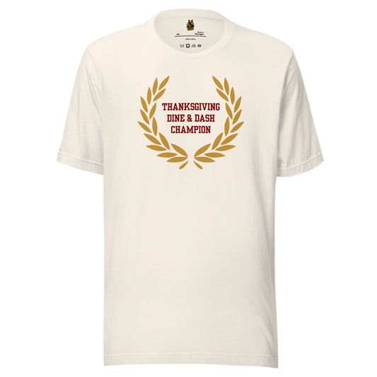 Vintage white unisex t-shirt with gold laurel wreath and red 'Thanksgiving Dine & Dash Champion' text – Boozie Adams