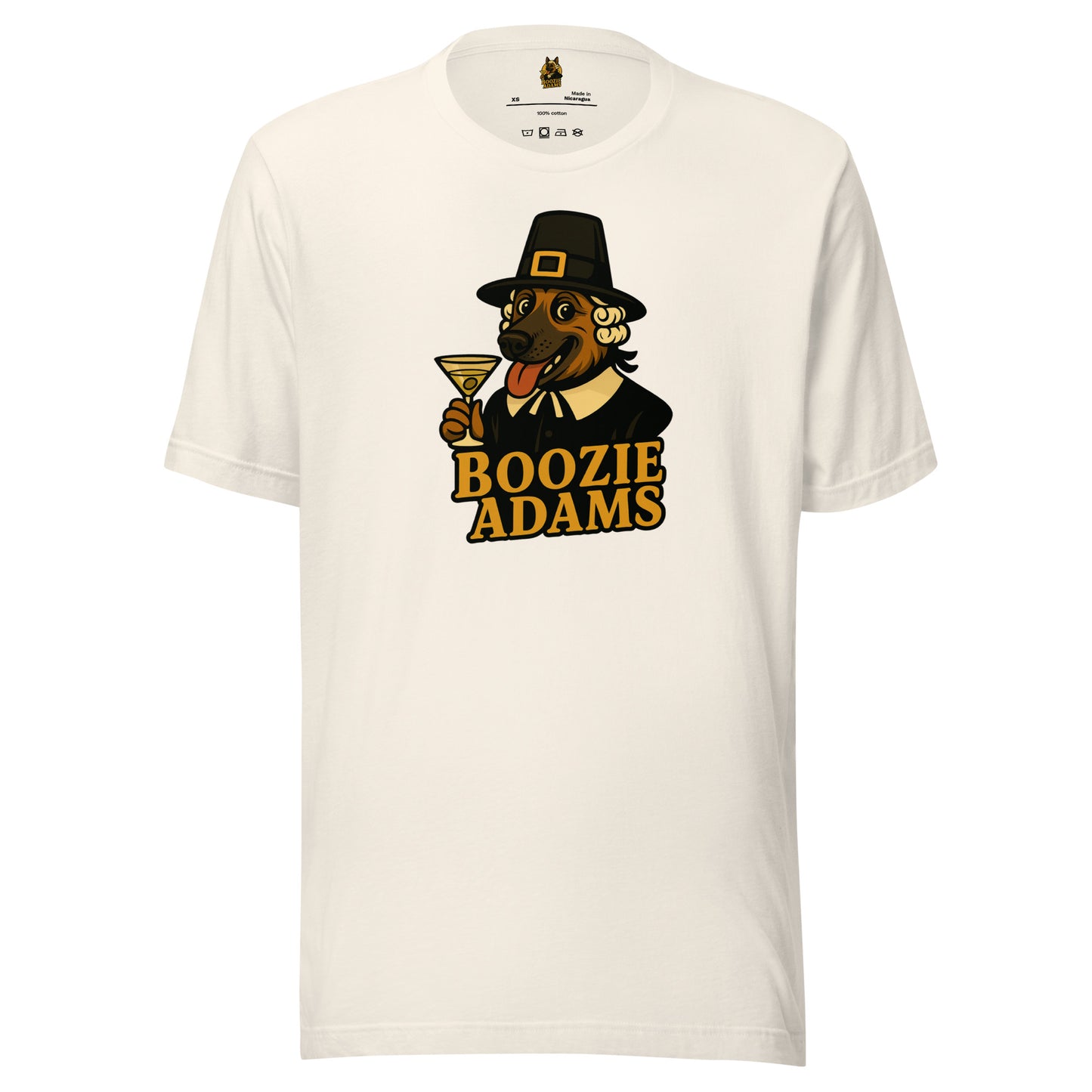 Vintage white unisex t-shirt with a graphic of a dog in a pilgrim outfit holding a martini glass and the text 'Boozie Adams' – Boozie Adams