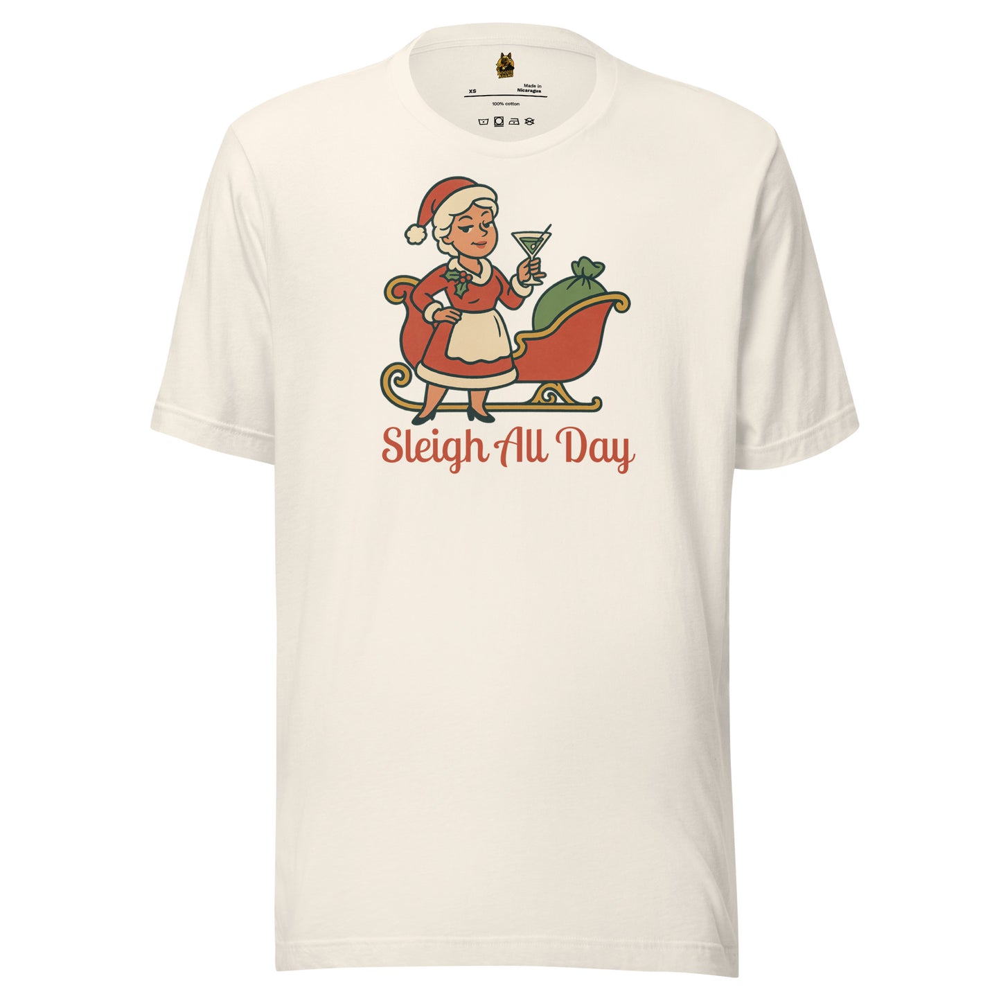 Vintage white unisex t-shirt with a graphic of a Mrs Claus in front of a sleigh, holding a martini glass, with text 'Sleigh All Day' in red – Boozie Adams