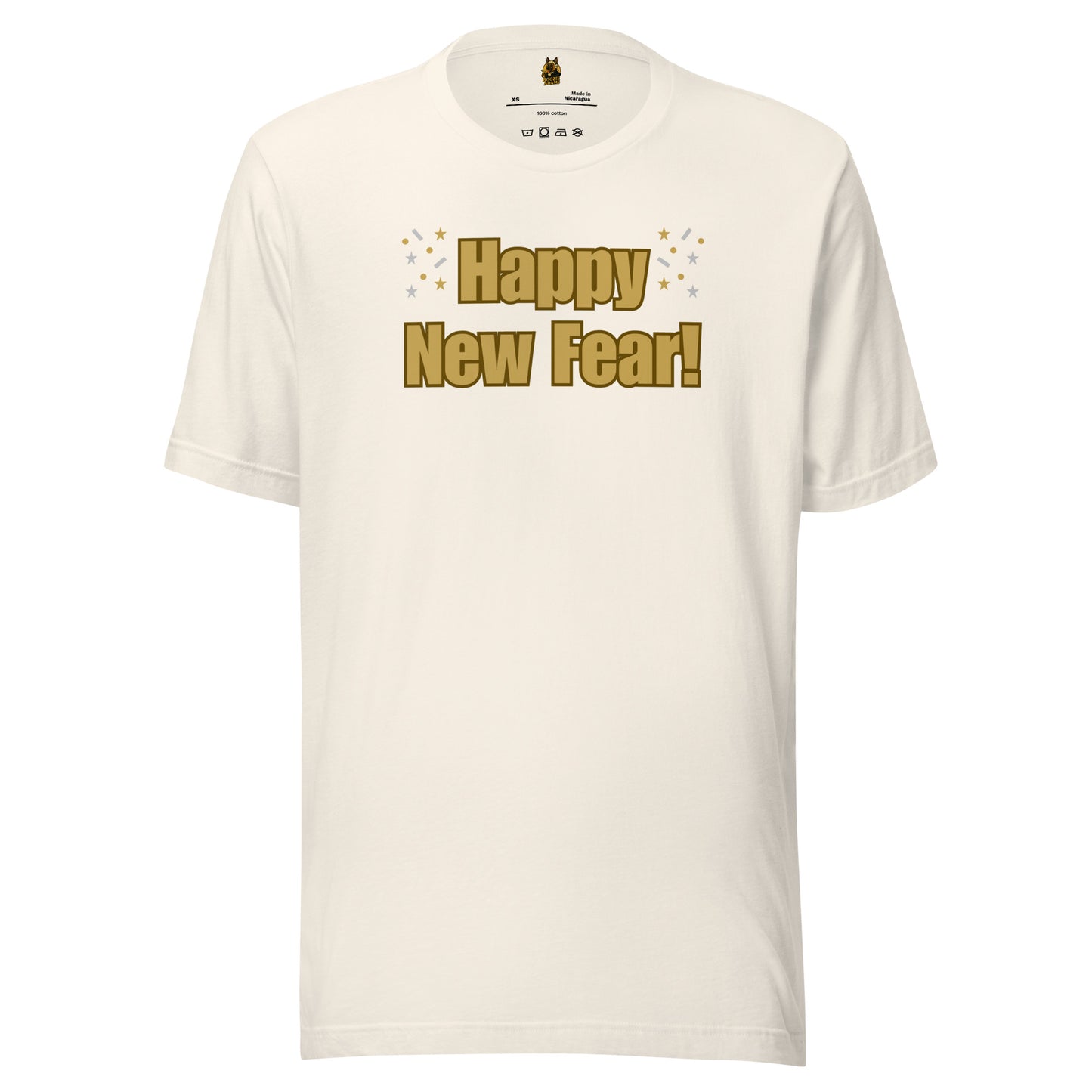 Vintage white unisex t-shirt with 'Happy New Fear!' text in gold – Boozie Adams