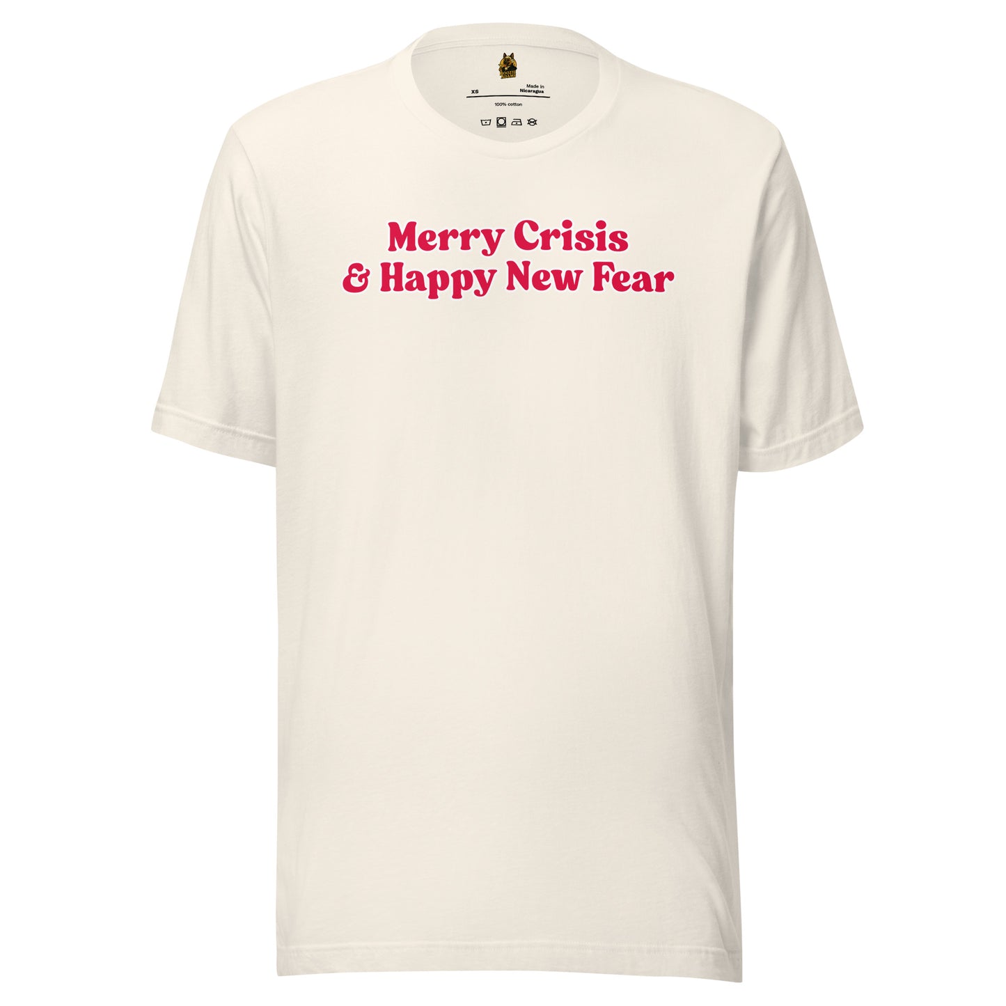 Vintage white unisex t-shirt with red text 'Merry Crisis & Happy New Fear' – Boozie Adams