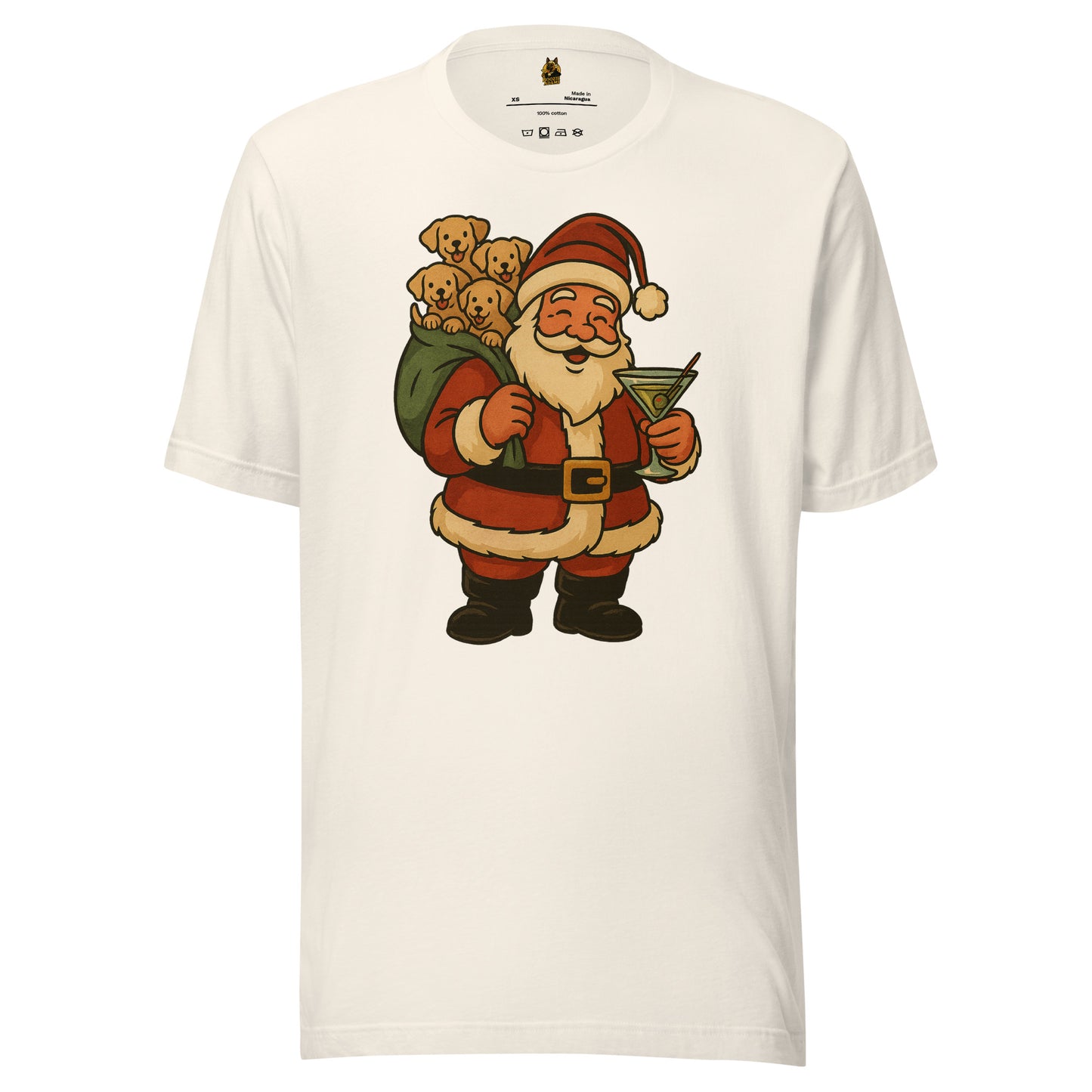 Vintage White unisex t-shirt with a graphic of Santa Claus holding a martini and a bag of puppies – Boozie Adams