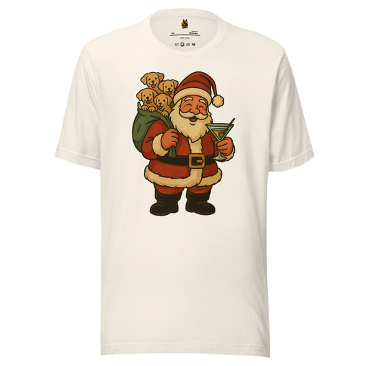 Vintage White unisex t-shirt with a graphic of Santa Claus holding a martini and a bag of puppies – Boozie Adams