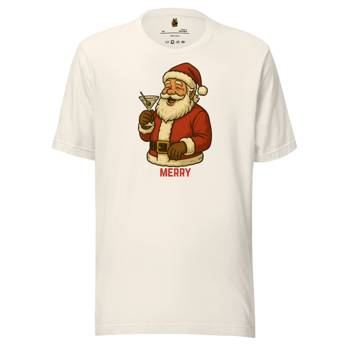 Vintage white unisex t-shirt with a graphic of Santa Claus holding a martini glass and the word 'MERRY' – Boozie Adams