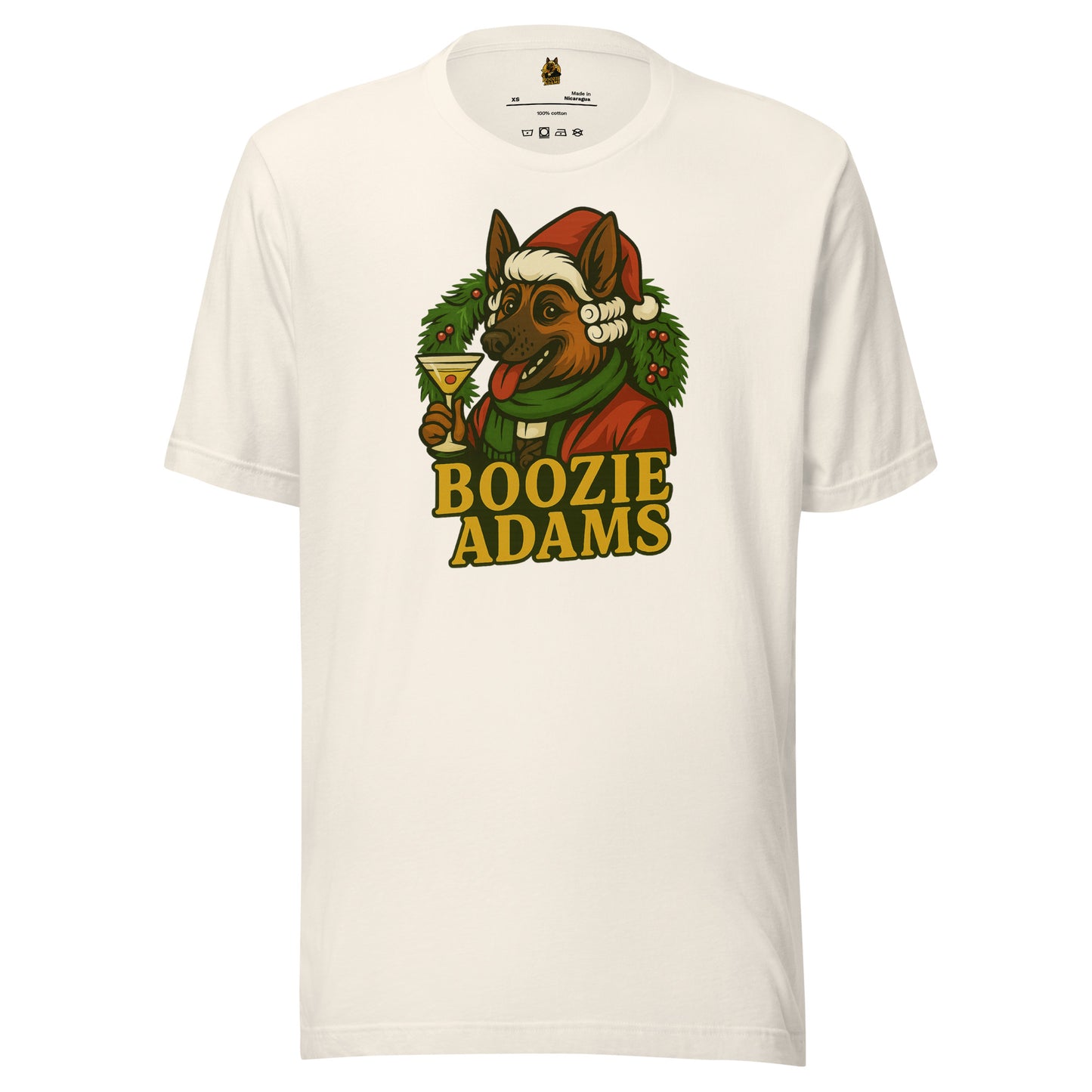 Vintage white unisex t-shirt with a graphic of a dog in a Santa hat with a martini and a wreath and 'Boozie Adams' text – Boozie Adams