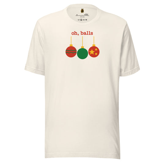 Vintage white unisex t-shirt with colorful ornaments and text 'oh, balls' in red – Boozie Adams