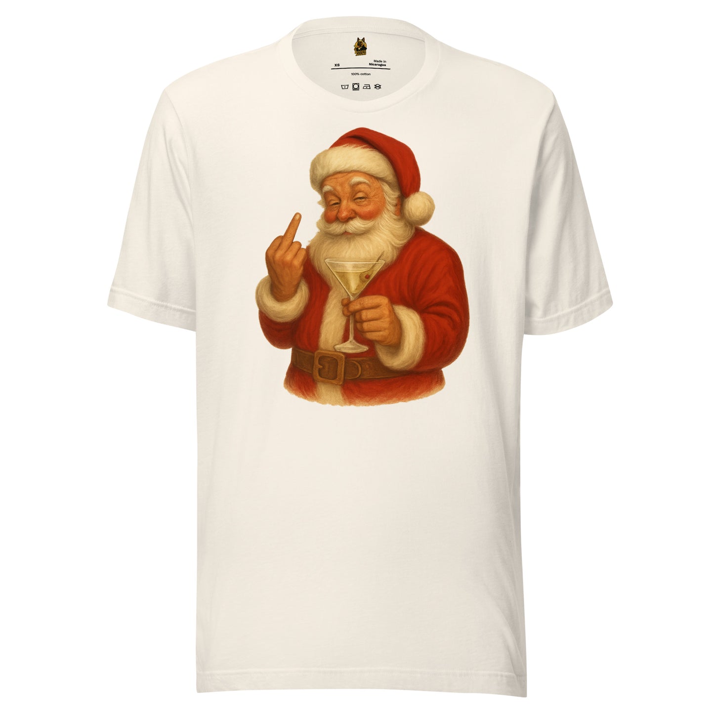 Vintage white unisex t-shirt with a graphic of a Santa Claus holding a martini glass and flipping the bird – Boozie Adams
