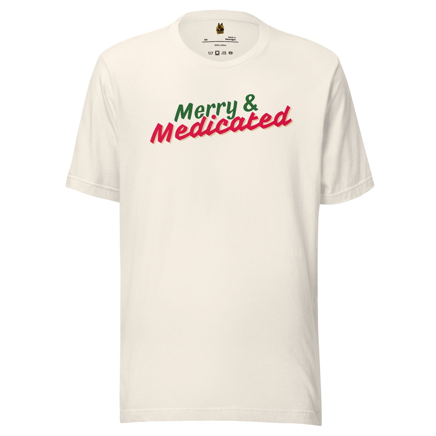 Vintage white unisex t-shirt with 'Merry & Medicated' text in green and red – Boozie Adams