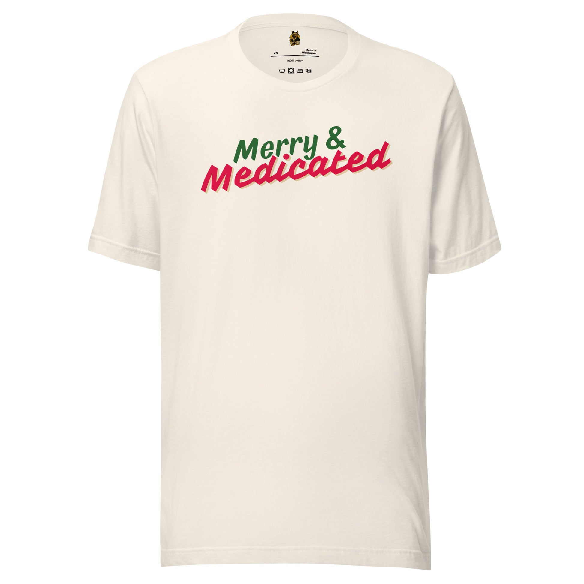 Vintage white unisex t-shirt with 'Merry & Medicated' text in green and red – Boozie Adams