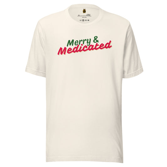 Vintage white unisex t-shirt with 'Merry & Medicated' text in green and red – Boozie Adams