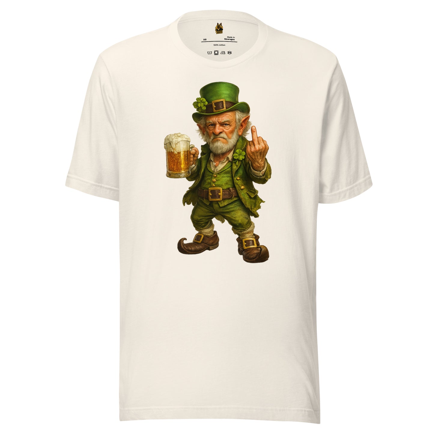 Vintage white unisex t-shirt with a graphic of a leprechaun holding a beer mug and giving a middle finger – Boozie Adams