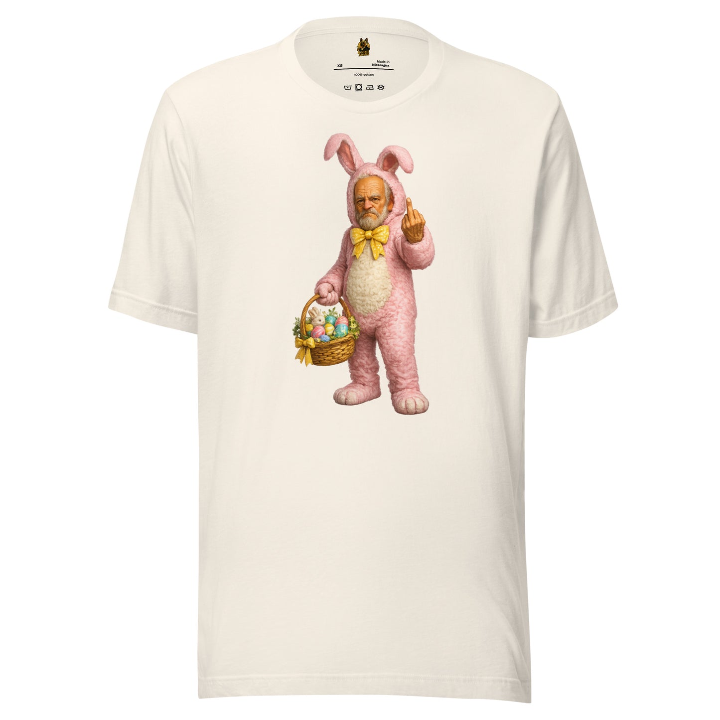 White unisex t-shirt with a graphic of a person in a pink bunny costume holding an Easter basket while flipping the bird – Boozie Adams