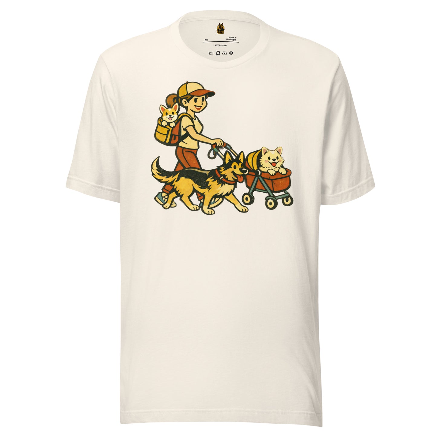 Vintage white unisex t-shirt with a graphic of a woman walking two dogs, one in a cart – Boozie Adams