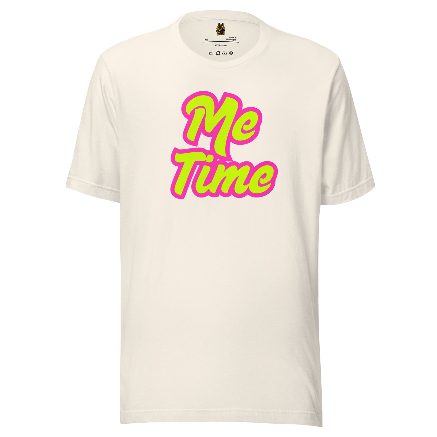 VIntage white unisex t-shirt with 'Me Time' text in pink and yellow – Boozie Adams