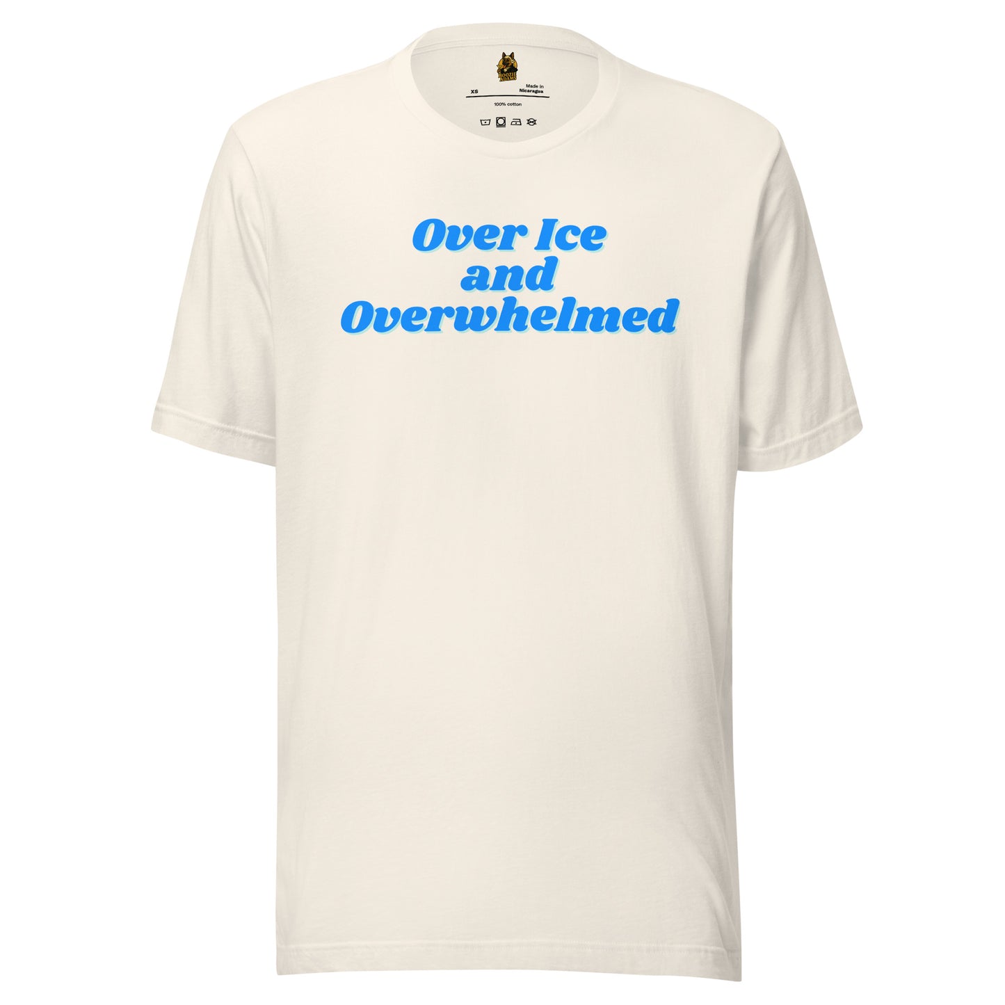 Vintage white unisex t-shirt with blue text 'Over Ice and Overwhelmed' – Boozie Adams