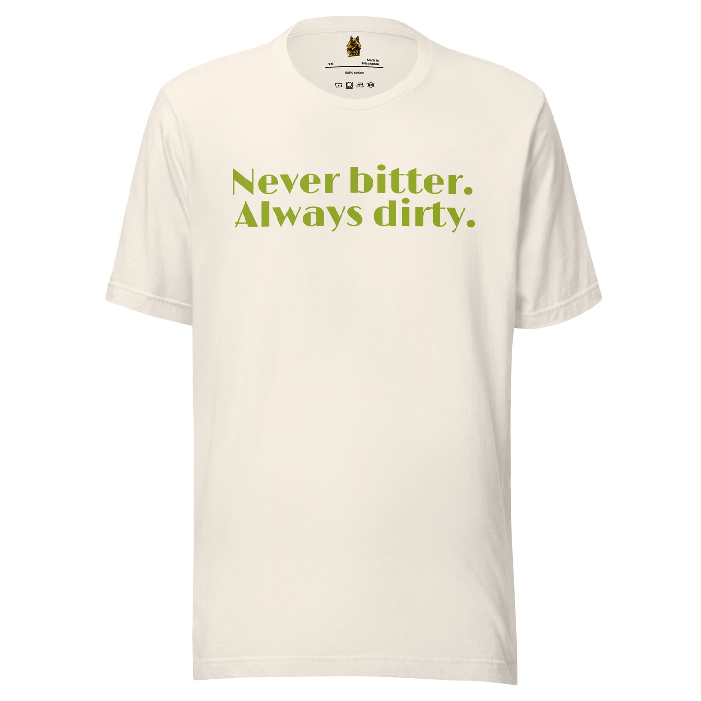 Vintage white unisex t-shirt with 'Never bitter. Always dirty.' in green – Boozie Adams