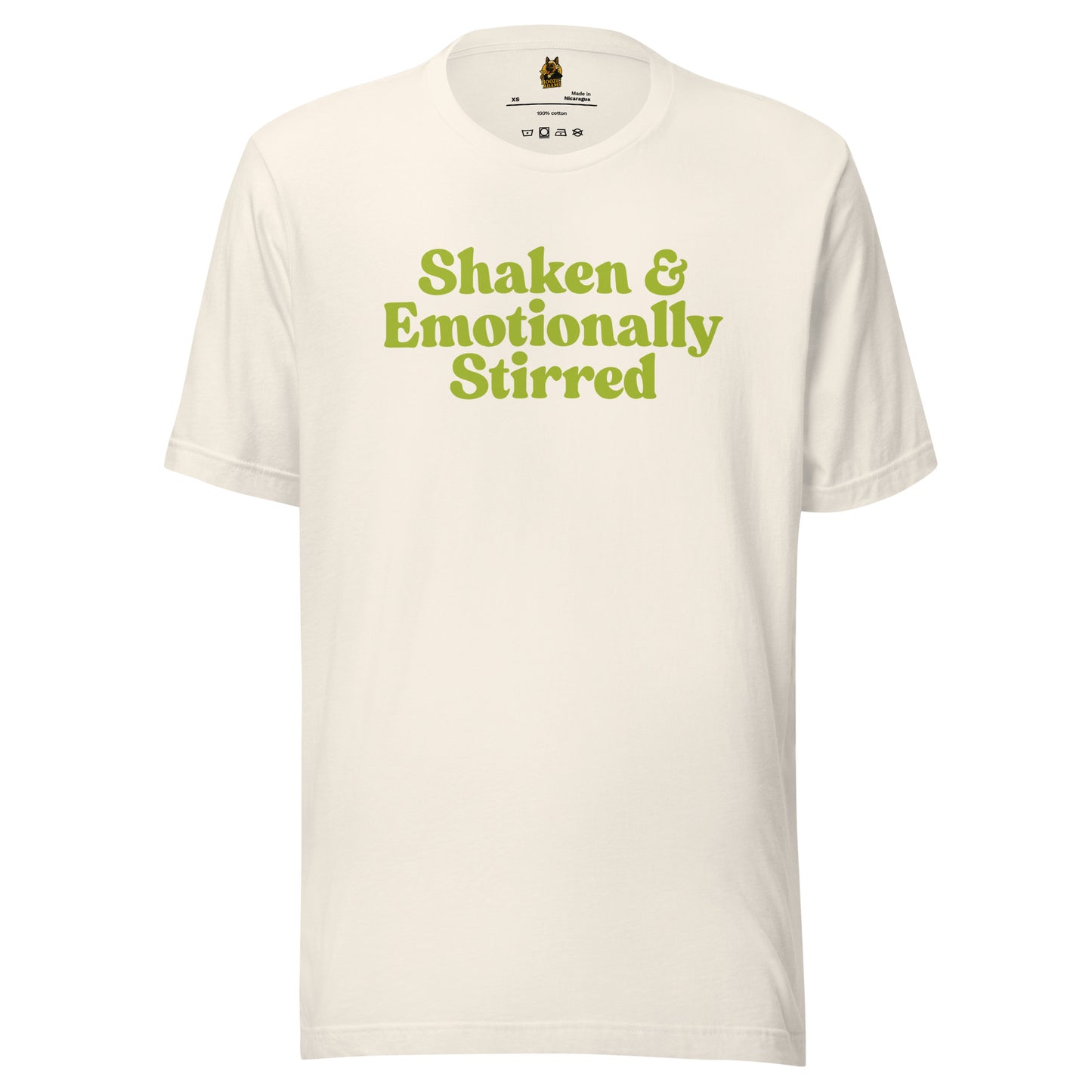 Vintage white unisex t-shirt with green  text 'Shaken & Emotionally Stirred' – Boozie Adams