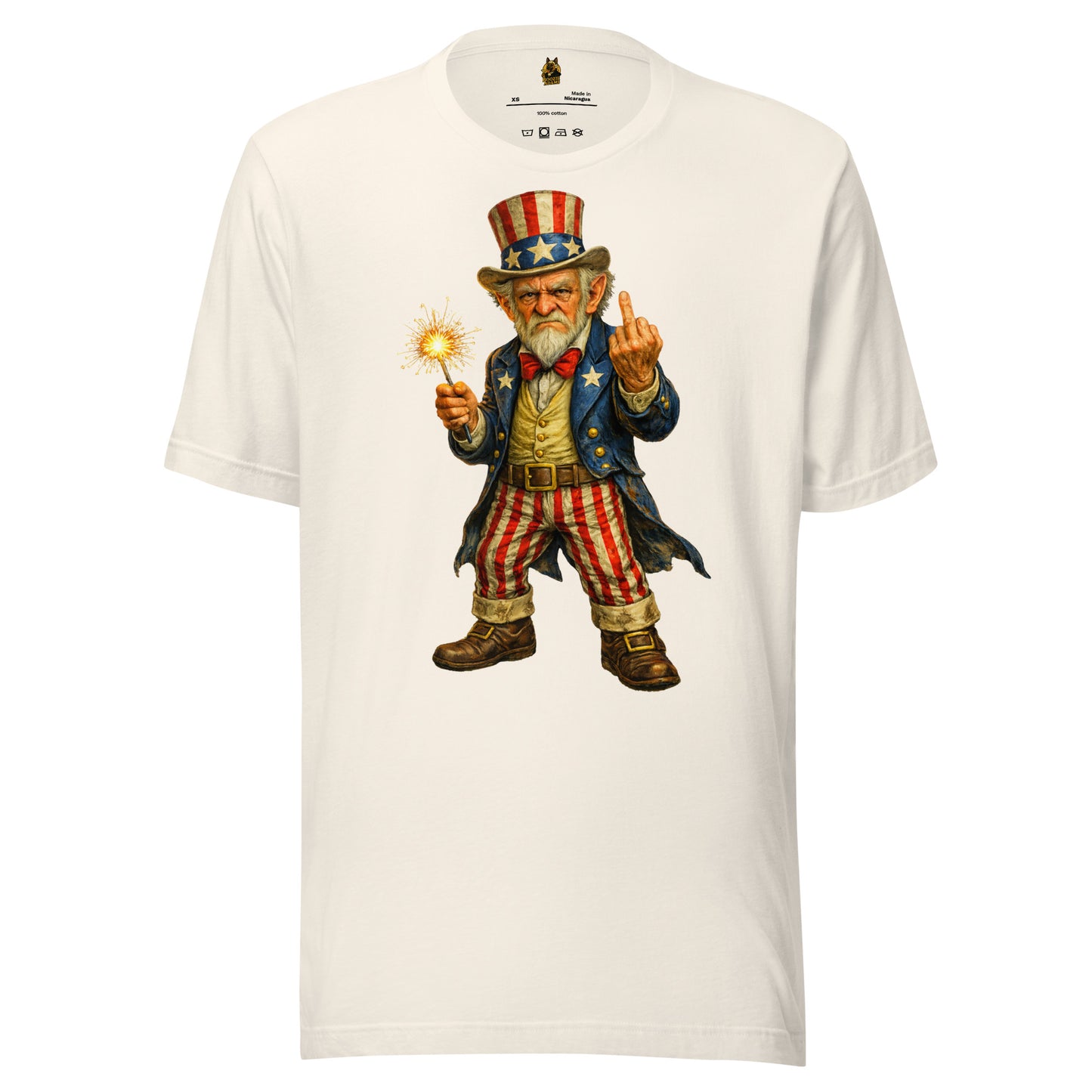 White unisex t-shirt with Uncle Sam graphic holding a sparkler  and flipping the bird – Boozie Adams