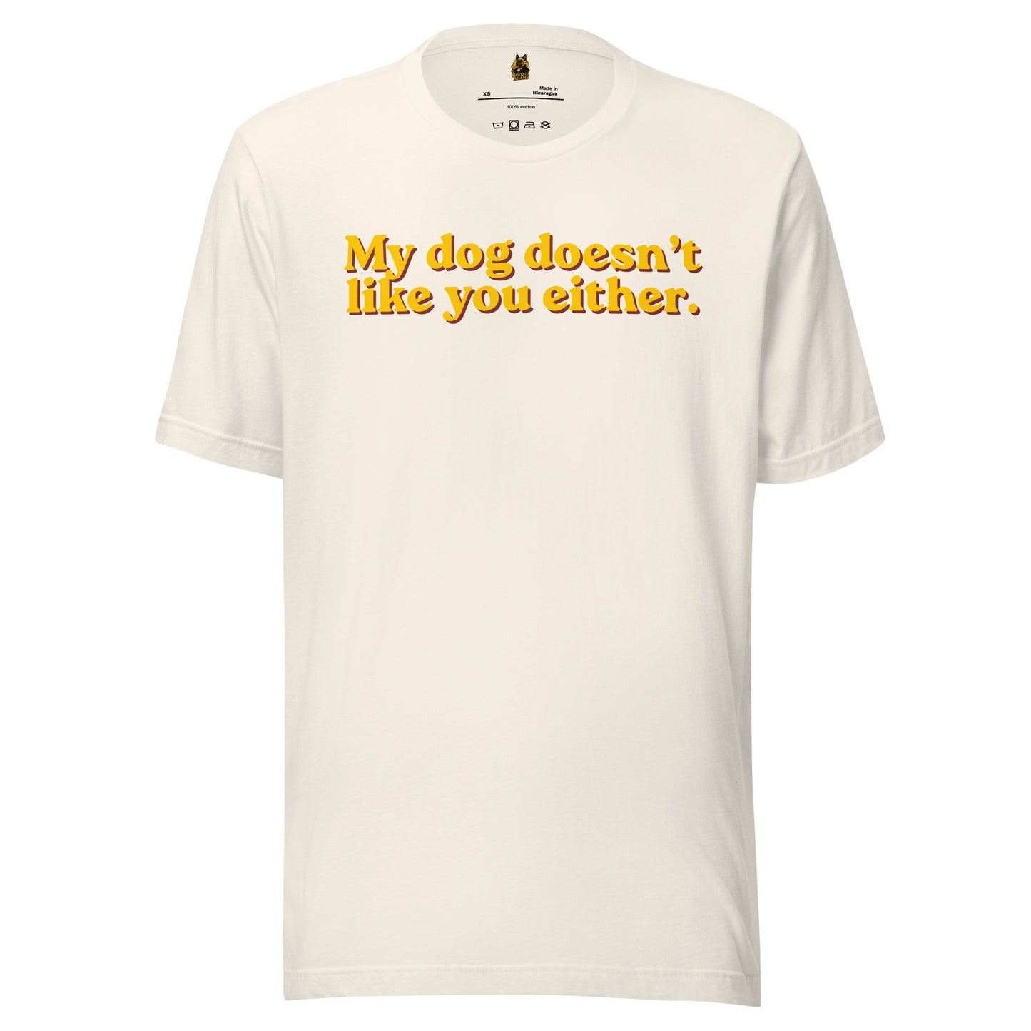Vintage white unisex t-shirt with 'My dog doesn't like you either.' yellow text – Boozie Adams