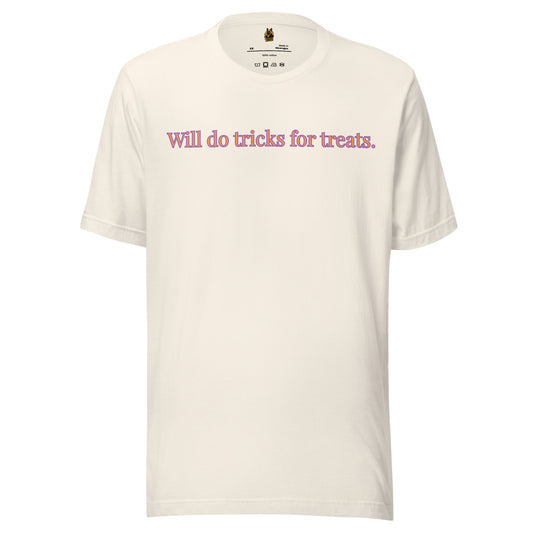 Vintage white unisex t-shirt with 'Will do tricks for treats' text – Boozie Adams