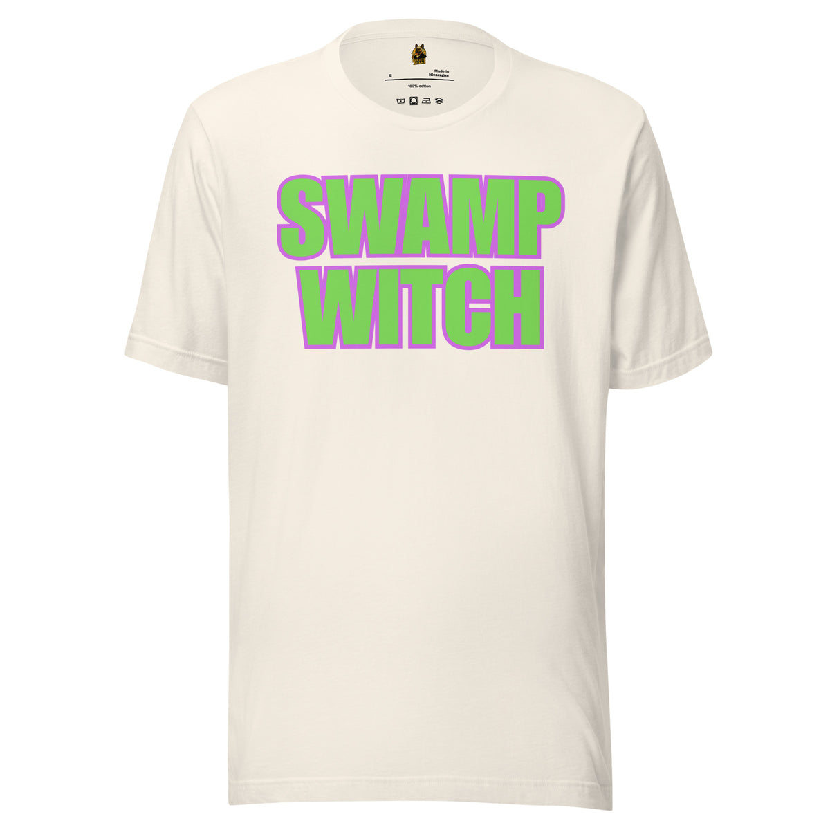 Vintage white unisex t-shirt with green and purple text 'SWAMP WITCH' – Boozie Adams