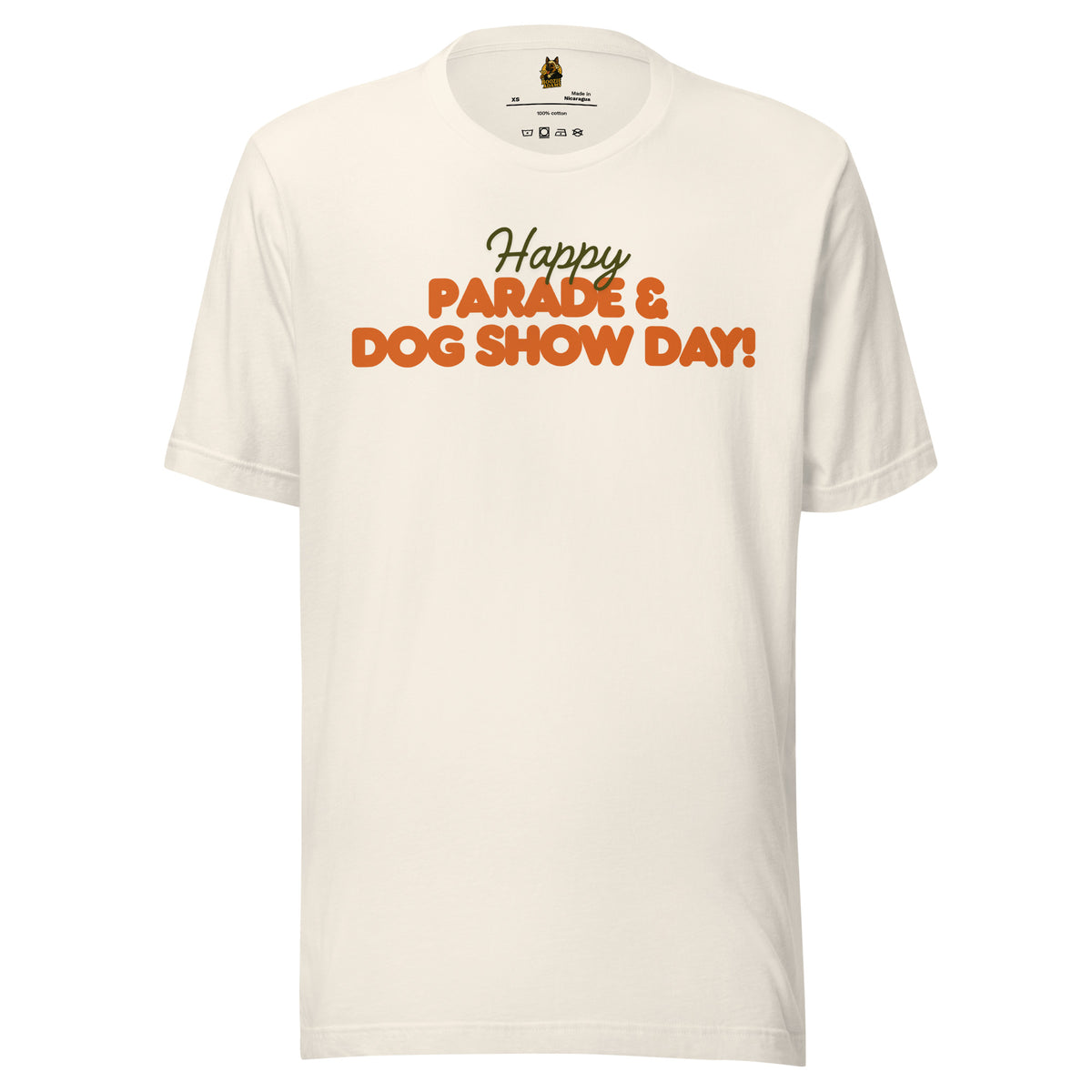 Vintage white unisex t-shirt with 'Happy Parade & Dog Show Day!' green & orange text – Boozie Adams