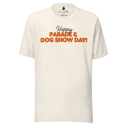Vintage white unisex t-shirt with 'Happy Parade & Dog Show Day!' green & orange text – Boozie Adams