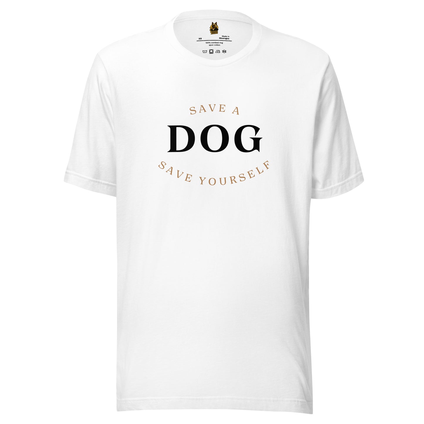White unisex t-shirt with 'Save a Dog, Save Yourself' text – Boozie Adams