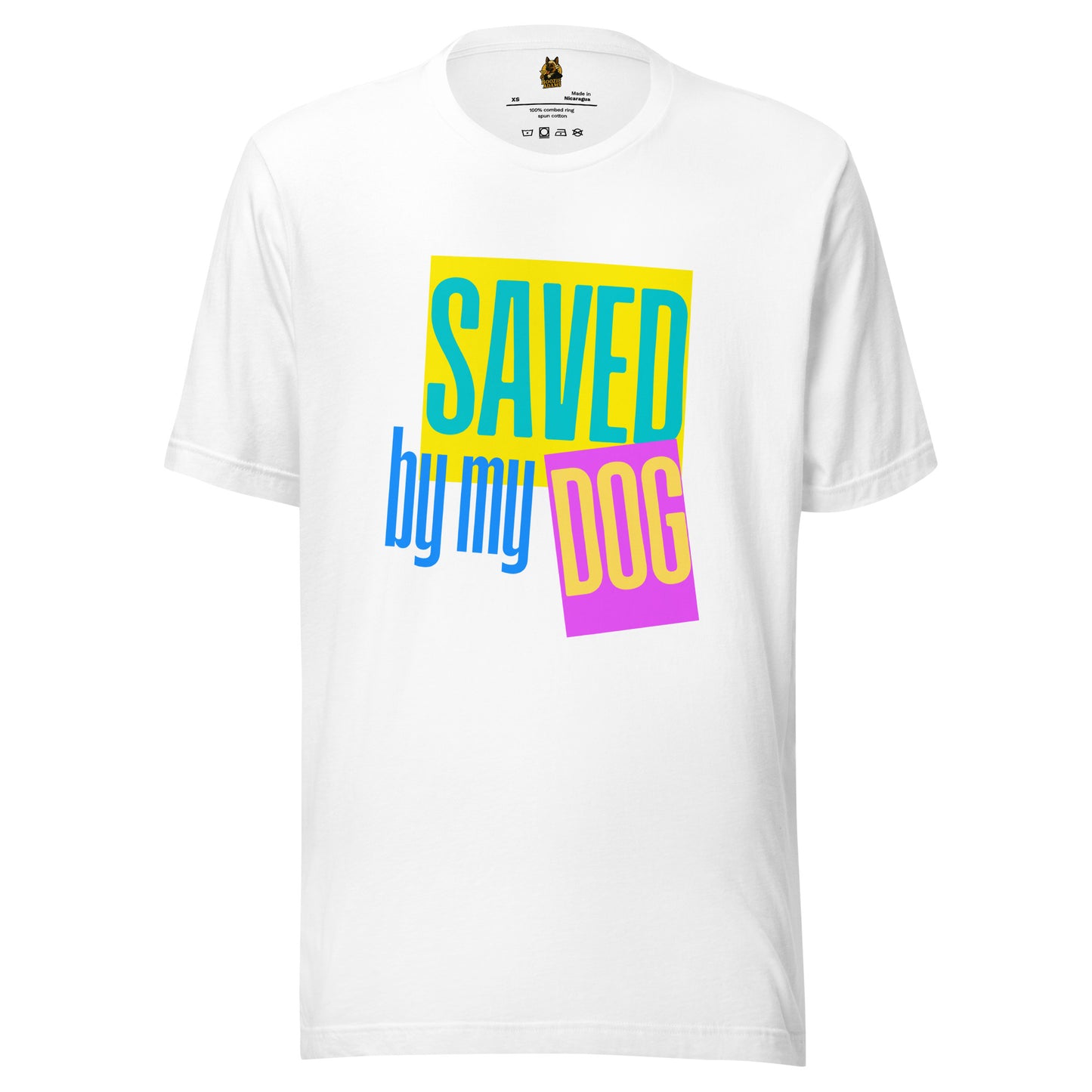 White unisex t-shirt with colorful text 'SAVED by my DOG' – Boozie Adams