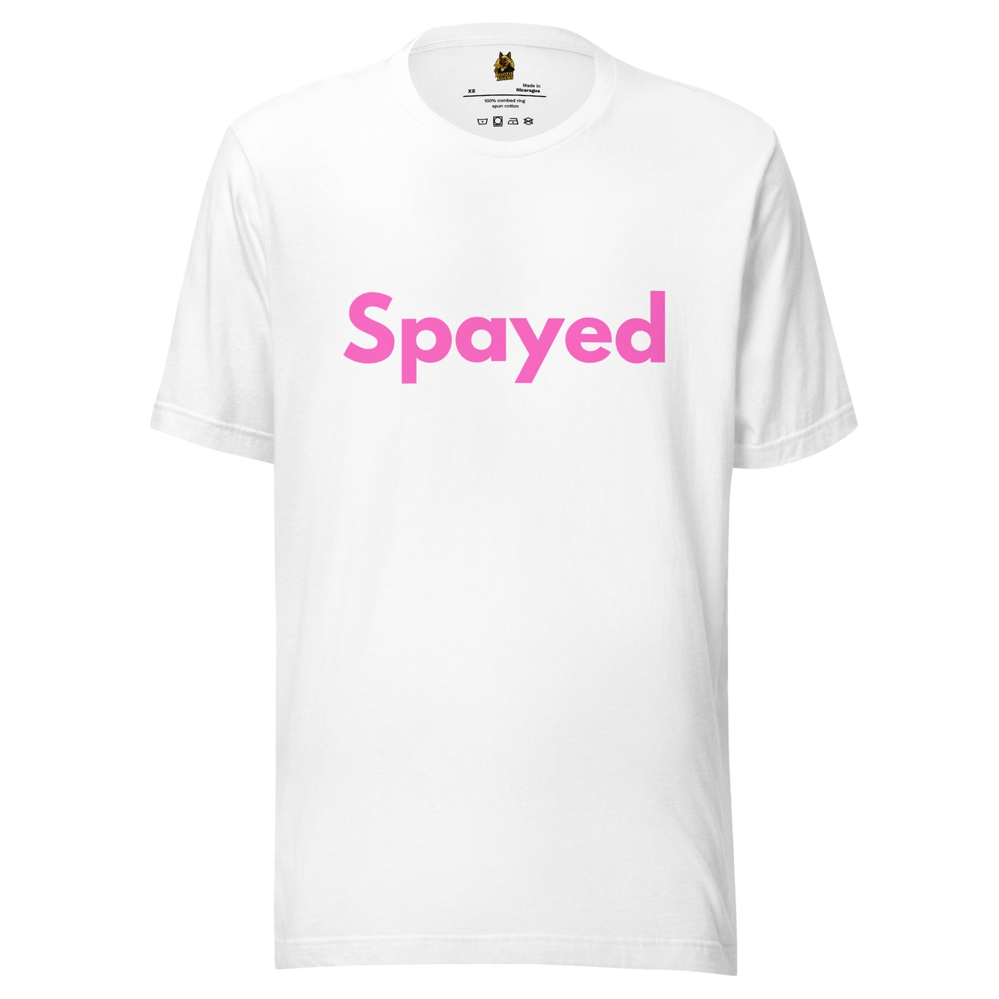 White unisex t-shirt with 'Spayed' in pink – Boozie Adams