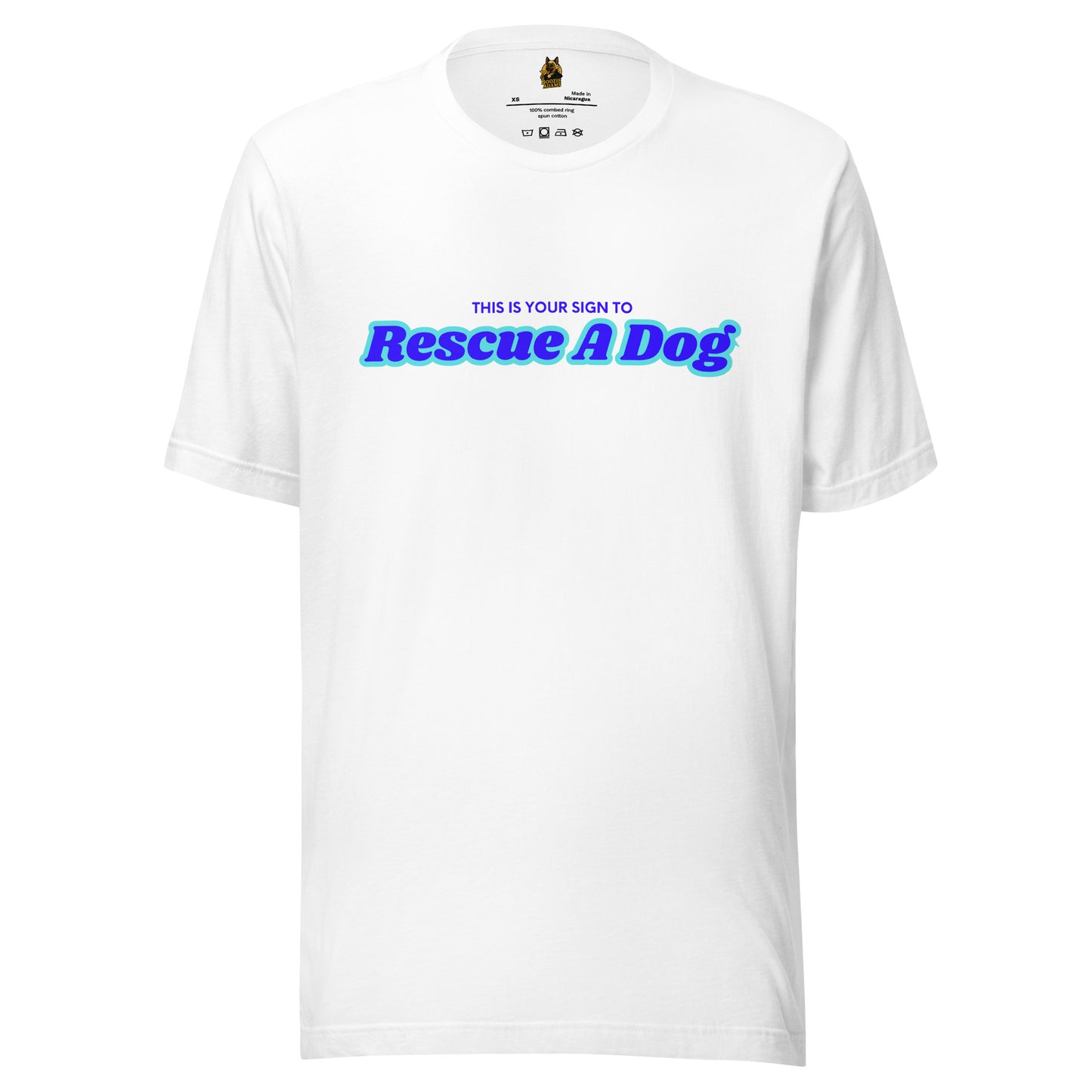 White unisex t-shirt with blue text 'This is your sign to rescue a dog' – Boozie Adams