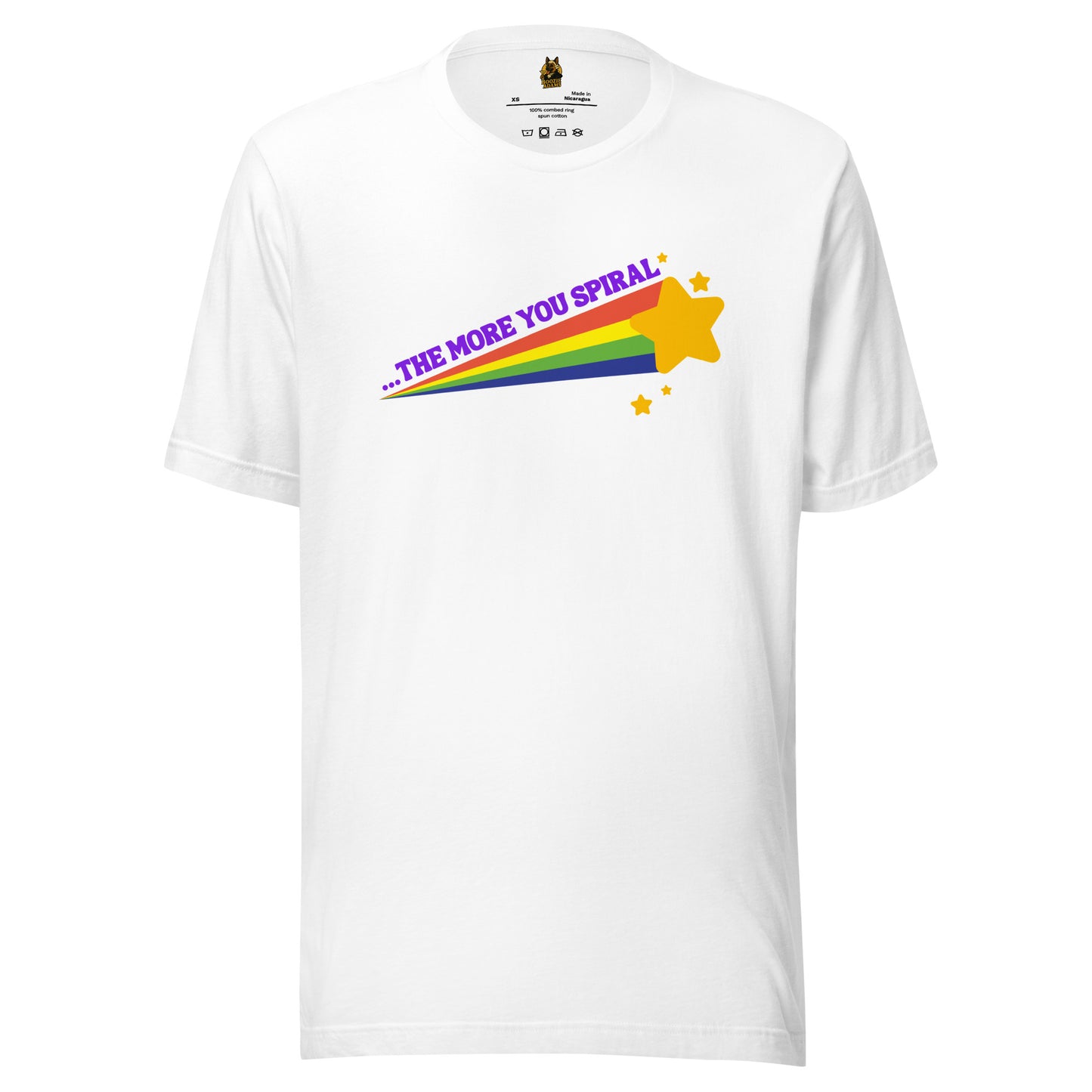 White unisex t-shirt with a shooting star rainbow and 'the more you spiral' text – Boozie Adams
