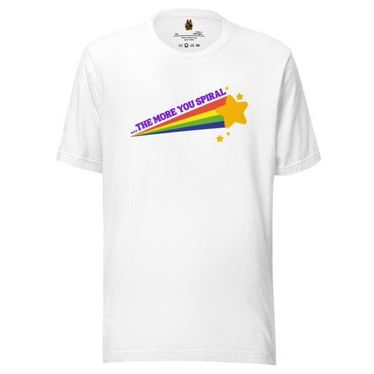 White unisex t-shirt with a shooting star rainbow and 'the more you spiral' text – Boozie Adams