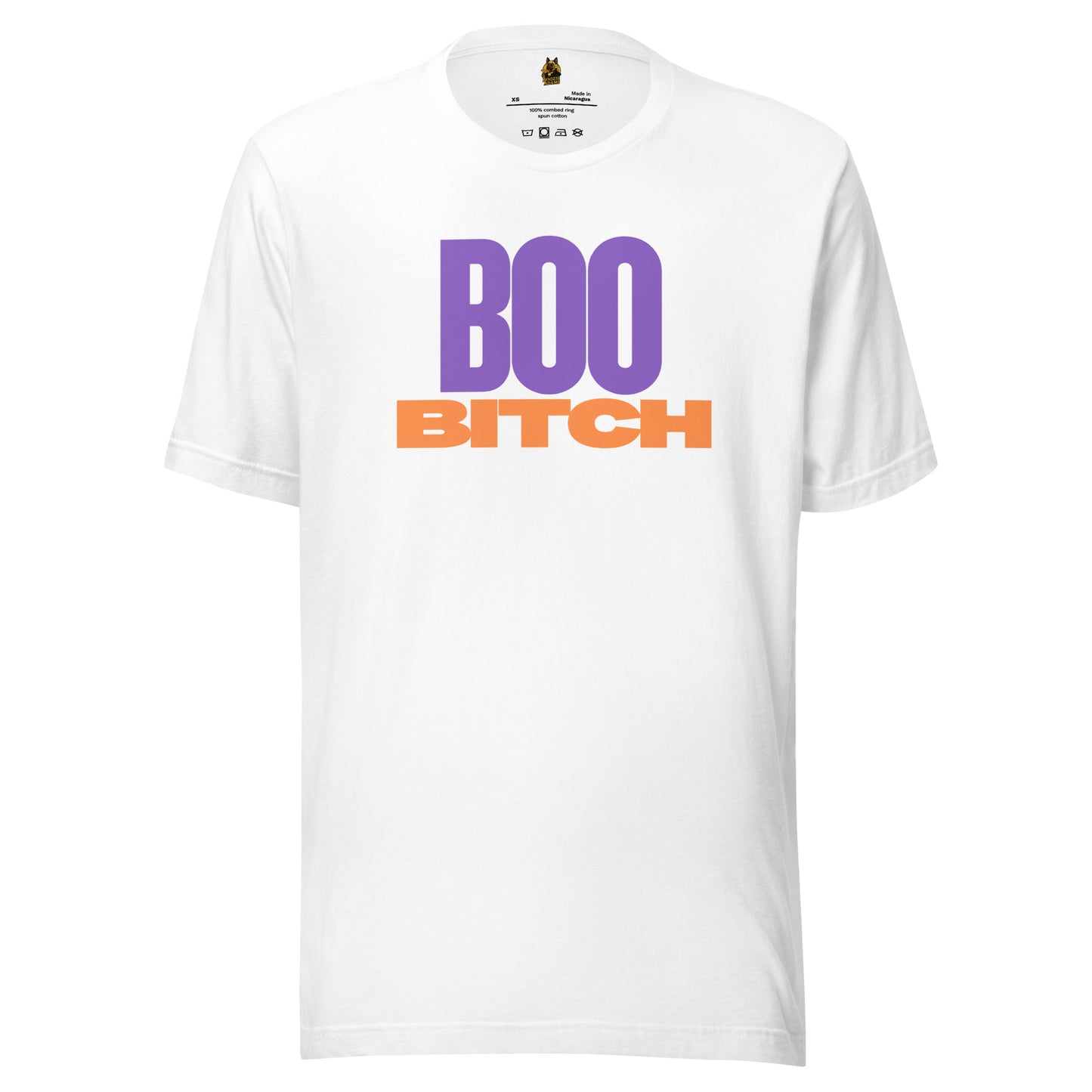 White unisex t-shirt with 'BOO BITCH' text in purple and orange – Boozie Adams