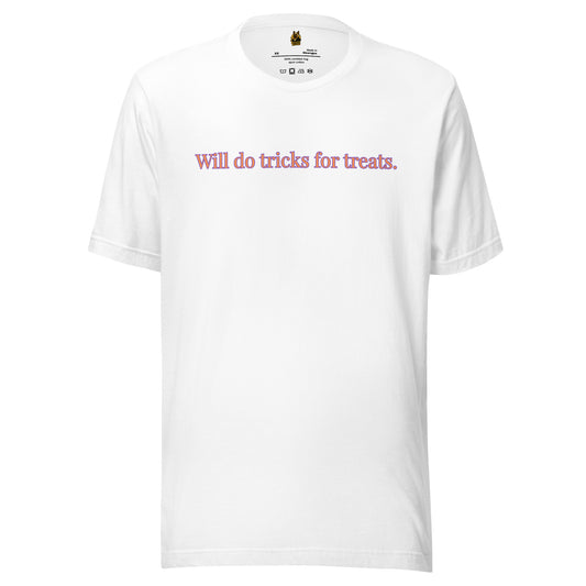 White unisex t-shirt with orange and purple text 'Will do tricks for treats' – Boozie Adams