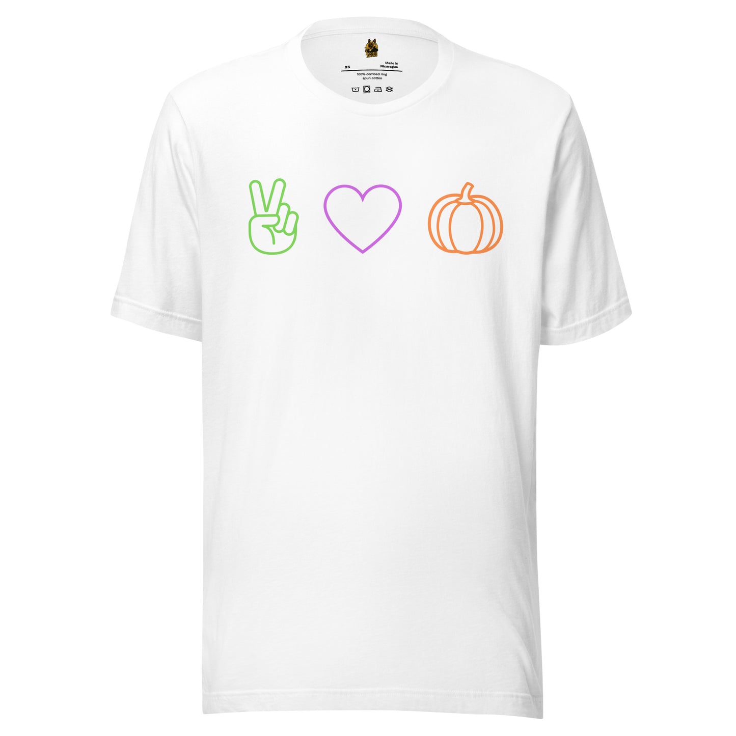 White unisex t-shirt with peace sign, heart, and pumpkin designs – Boozie Adams