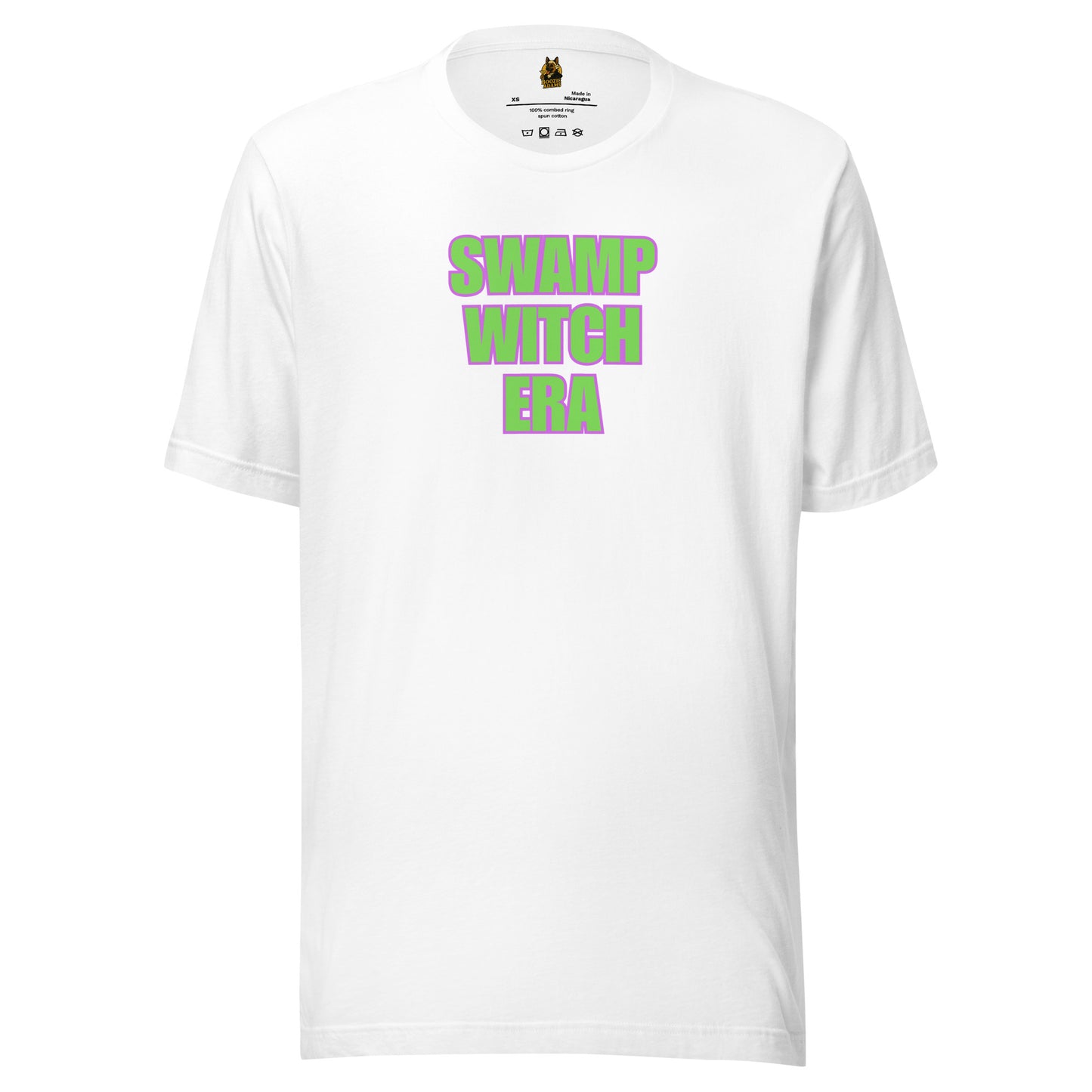 White unisex t-shirt with 'SWAMP WITCH ERA' text in green and purple – Boozie Adams