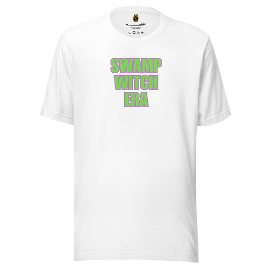 White unisex t-shirt with 'SWAMP WITCH ERA' text in green and purple – Boozie Adams