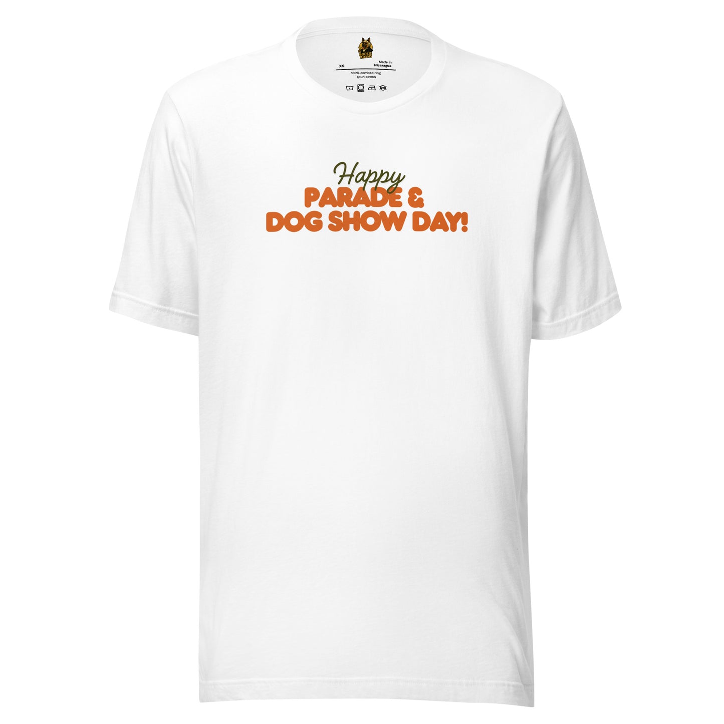 White unisex t-shirt with 'Happy Parade & Dog Show Day!' green & orange text – Boozie Adams