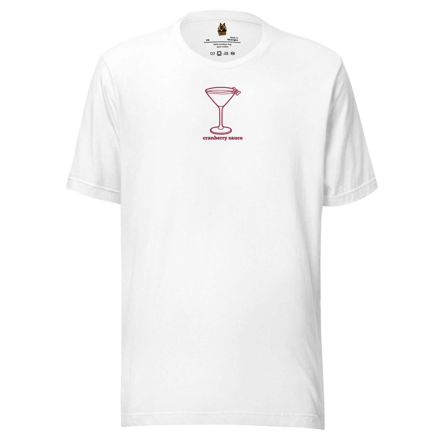 White unisex t-shirt with red martini graphic and 'cranberry sauce' text – Boozie Adams