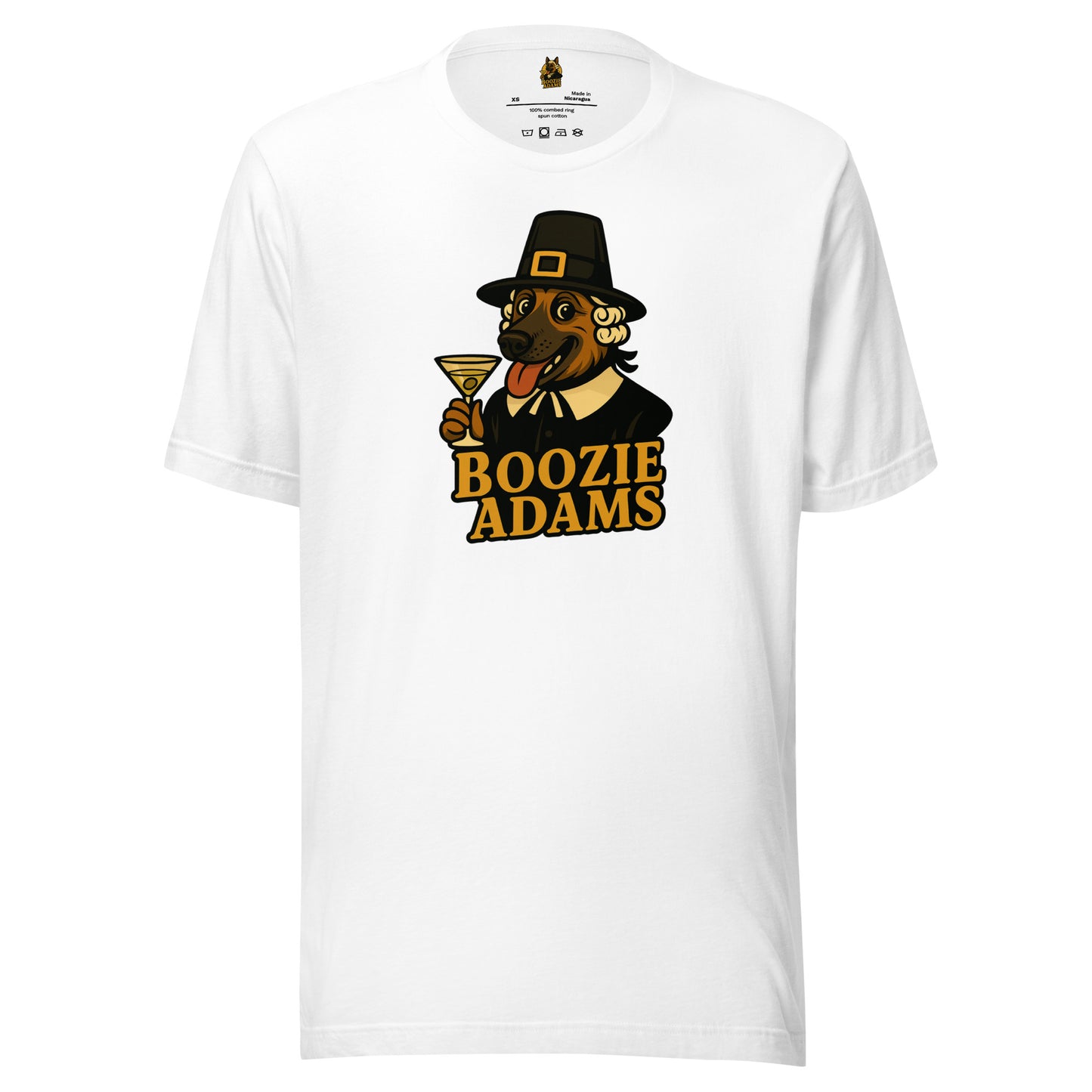White unisex t-shirt with a graphic of a dog in a pilgrim outfit holding a martini glass and the text 'Boozie Adams' – Boozie Adams
