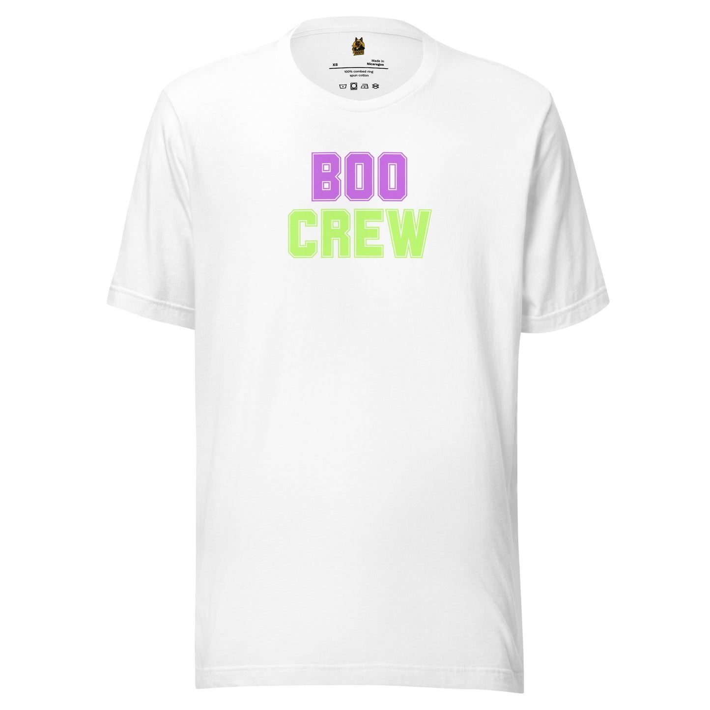 White unisex t-shirt with 'BOO CREW' text in lavender and green – Boozie Adams